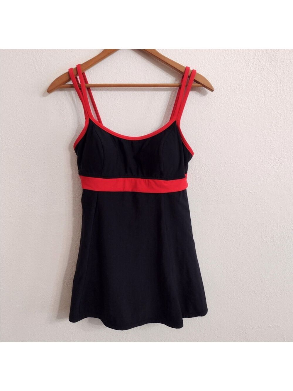 Vintage Mainstream Black Red Padded Spaghetti Strap One Piece Swim Skirt Sz 10